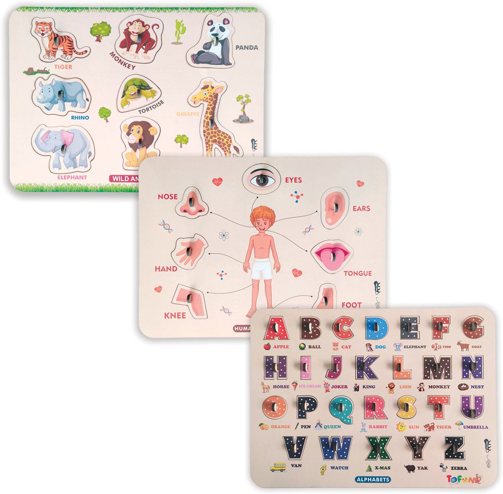 tofani Wooden Puzzle Pack of 3 | Wild Animals | Body Parts | Alphabets | Learning Toy-picture-47