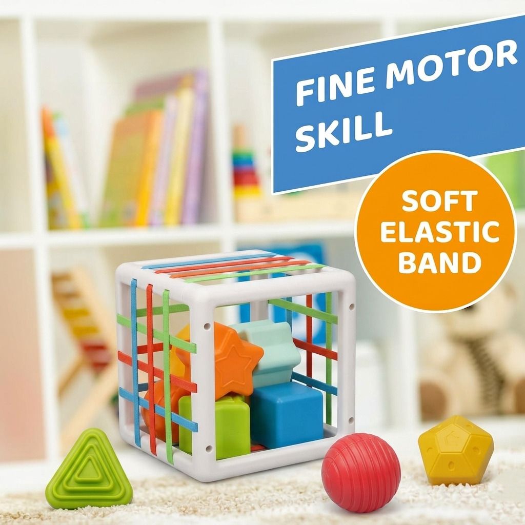 fraimingo Shape Sorting Cube Toy with Elastic Bands and Colorful Blocks-picture-13