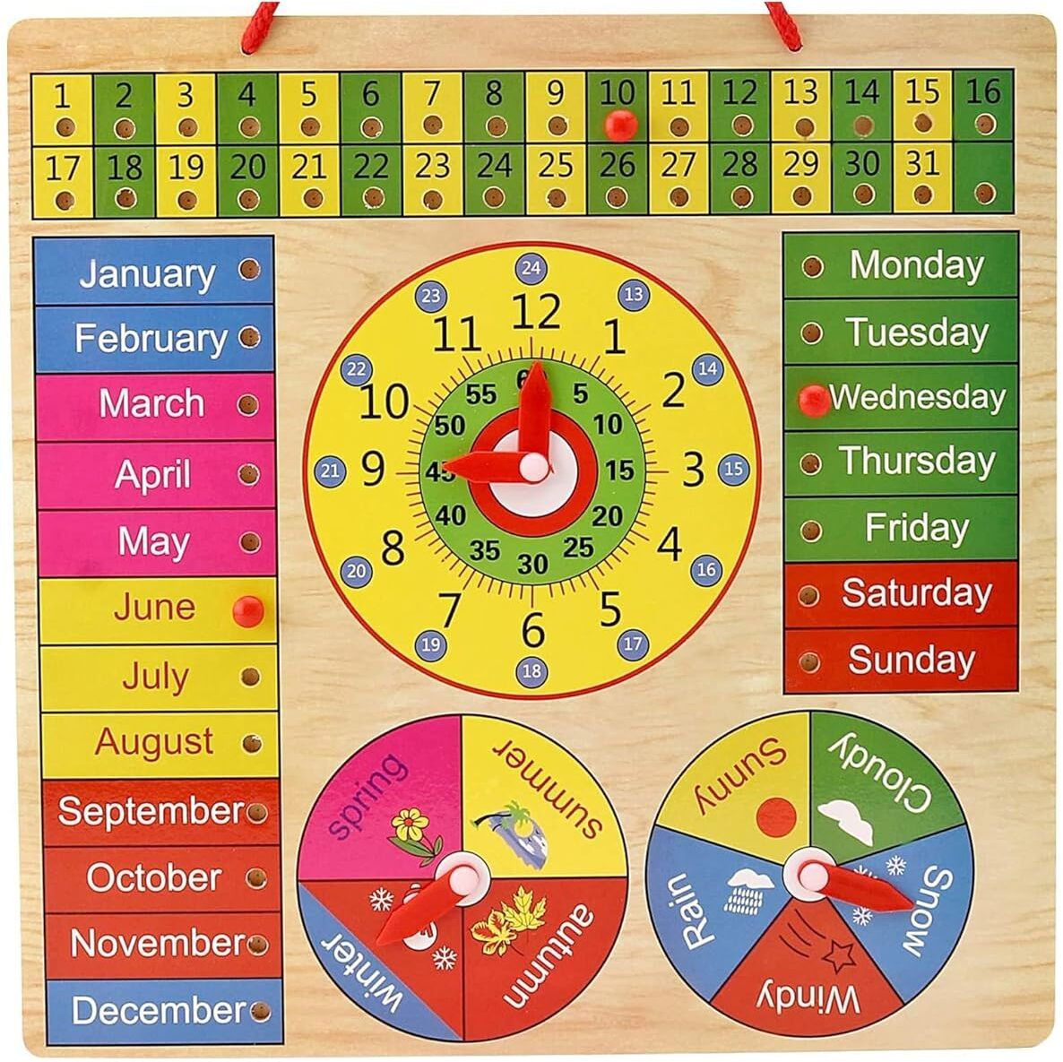 Wooden Calendar & Clock Learning Board for Kids | Montessori Time Weather Toy-image-42