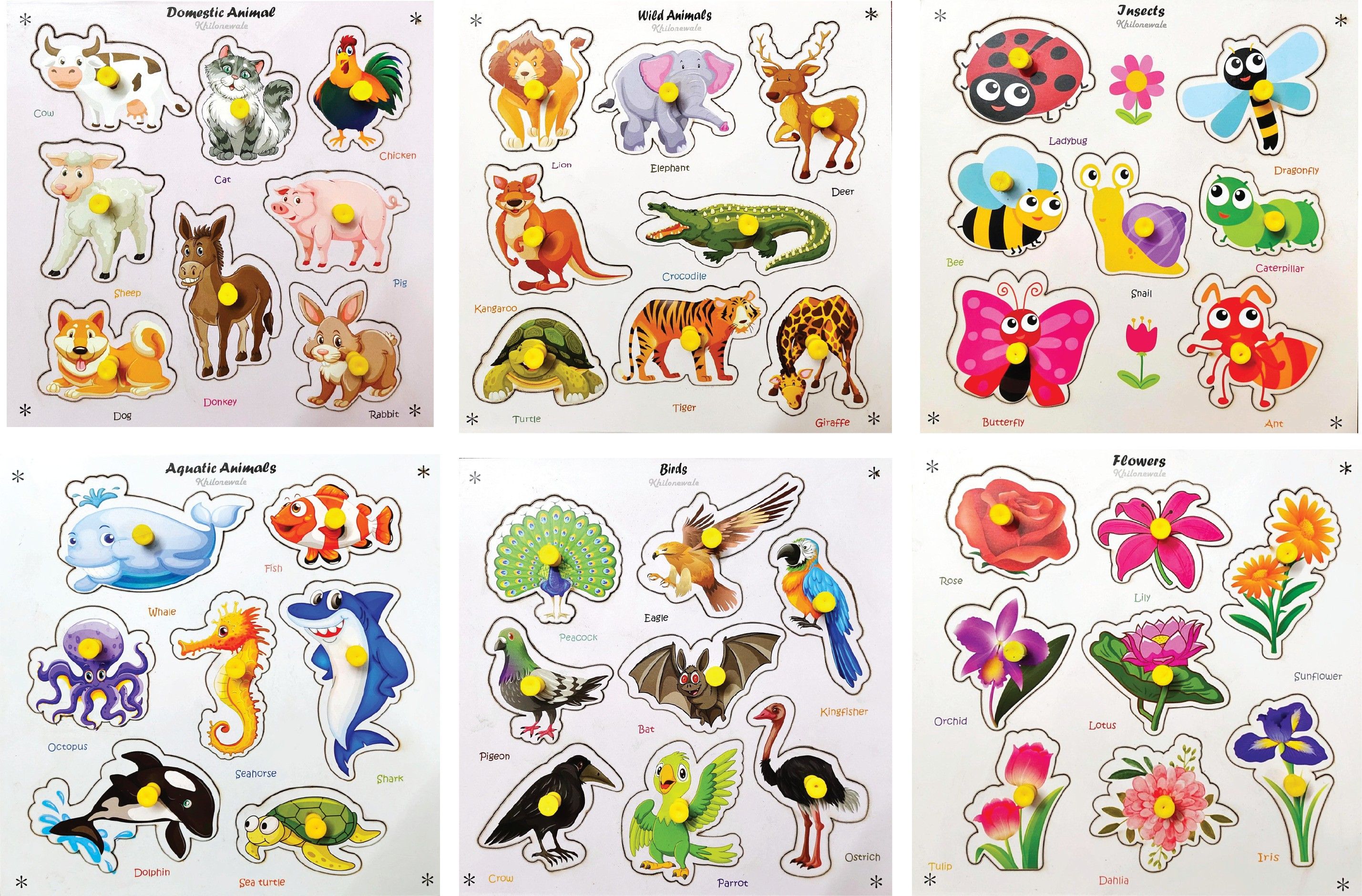 Aquatic, Domestic & Wild Animals, Insects, Birds, Flowers Wooden Puzzles