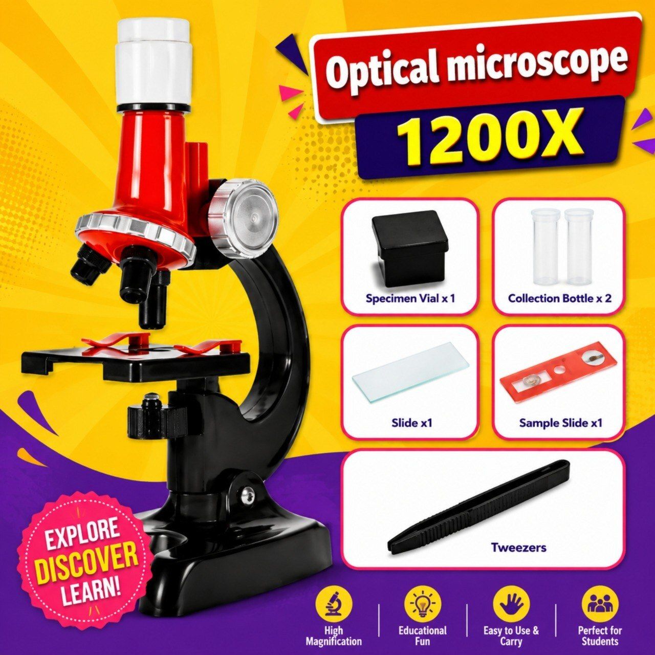 Beginner Kids Microscope Kit with Slides Tools 1200X Zoom Science Toy Set-image-21
