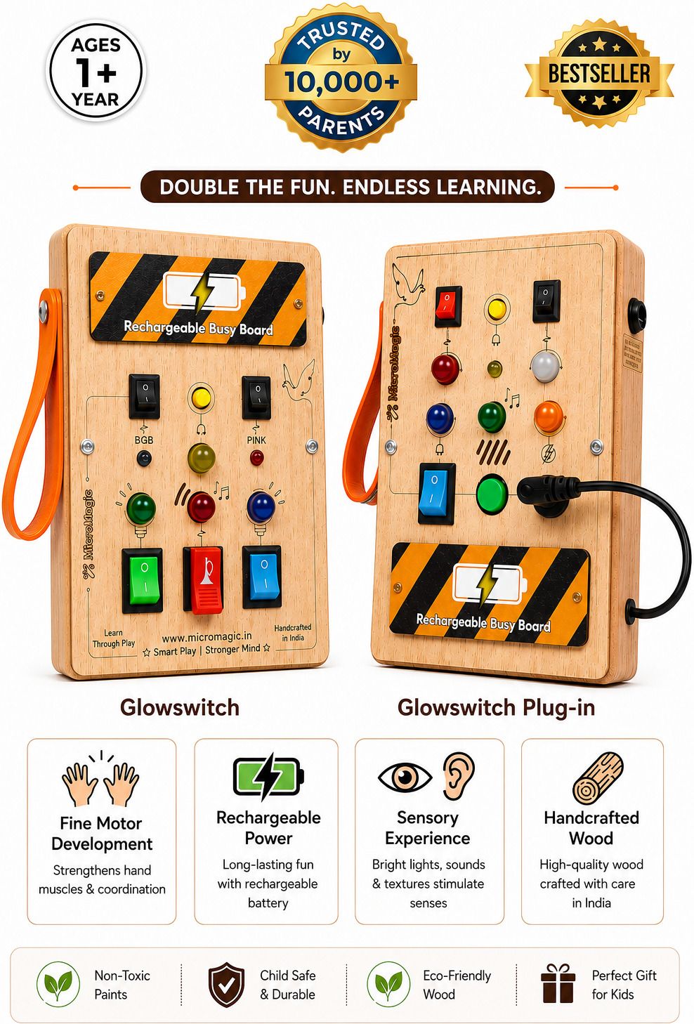 micromagic toys Montessori Busy Board Combo for 1+ Year Kids | GlowSwitch + Glowswitch Plug-in-picture-34