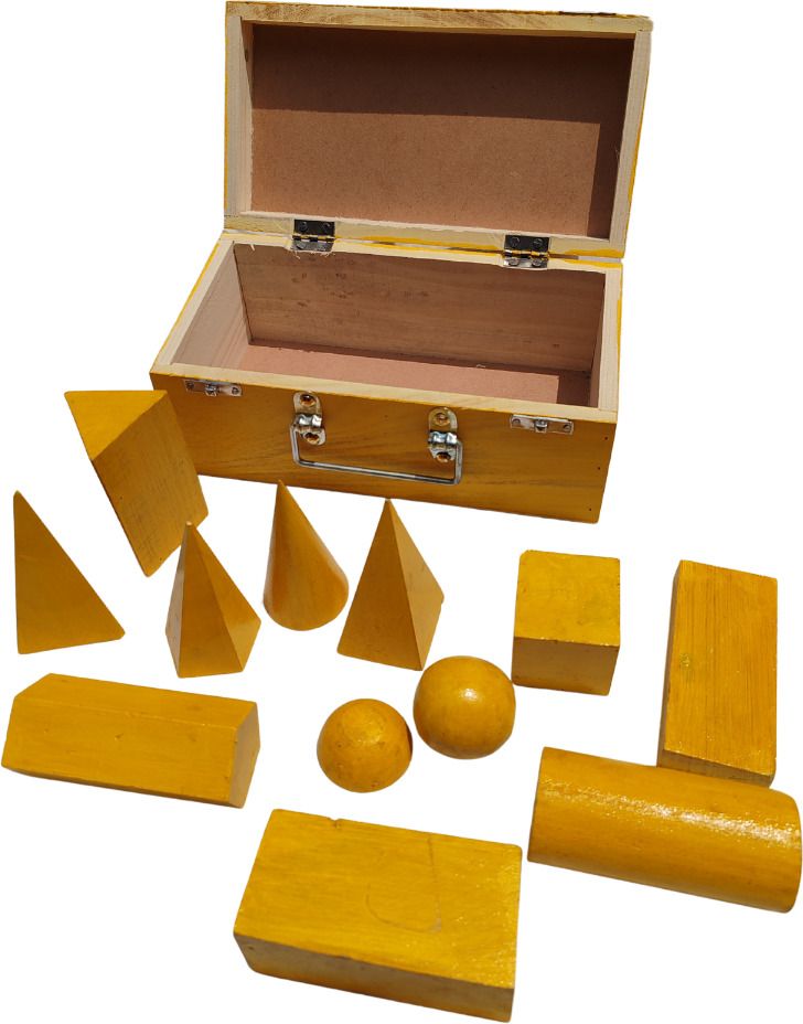 Wooden Geometric Shapes Set for Students , 12-Piece 3D Geometry Model Kit in Box