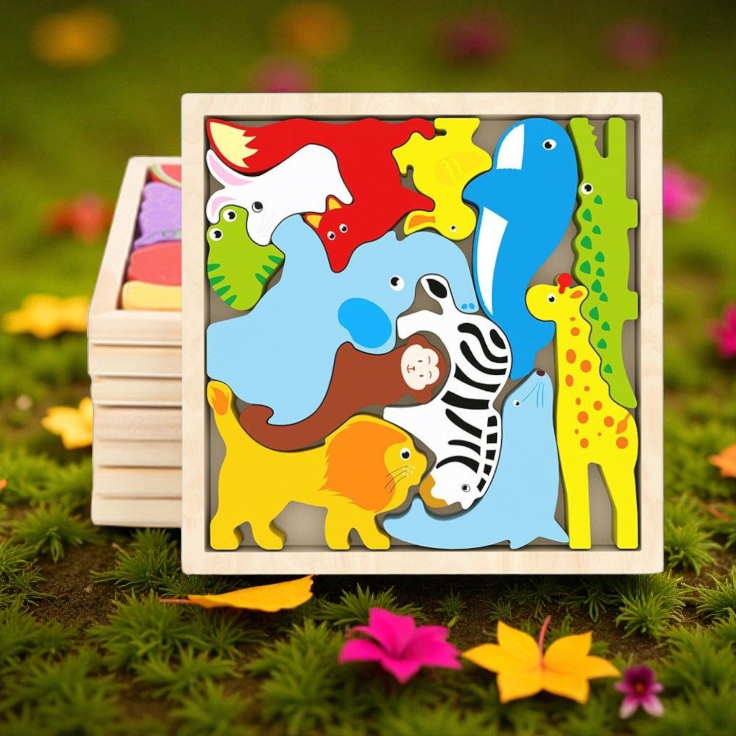 Multicolor Wooden Animal Puzzle – Fun & Educational Toy for Kids W154