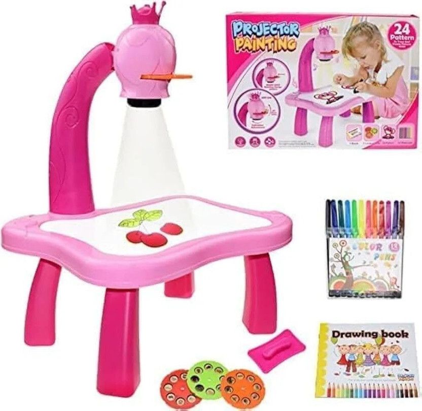 Kids Projector Painting Drawing Table with 24 Patterns Pens Book Pink Toy-image-14
