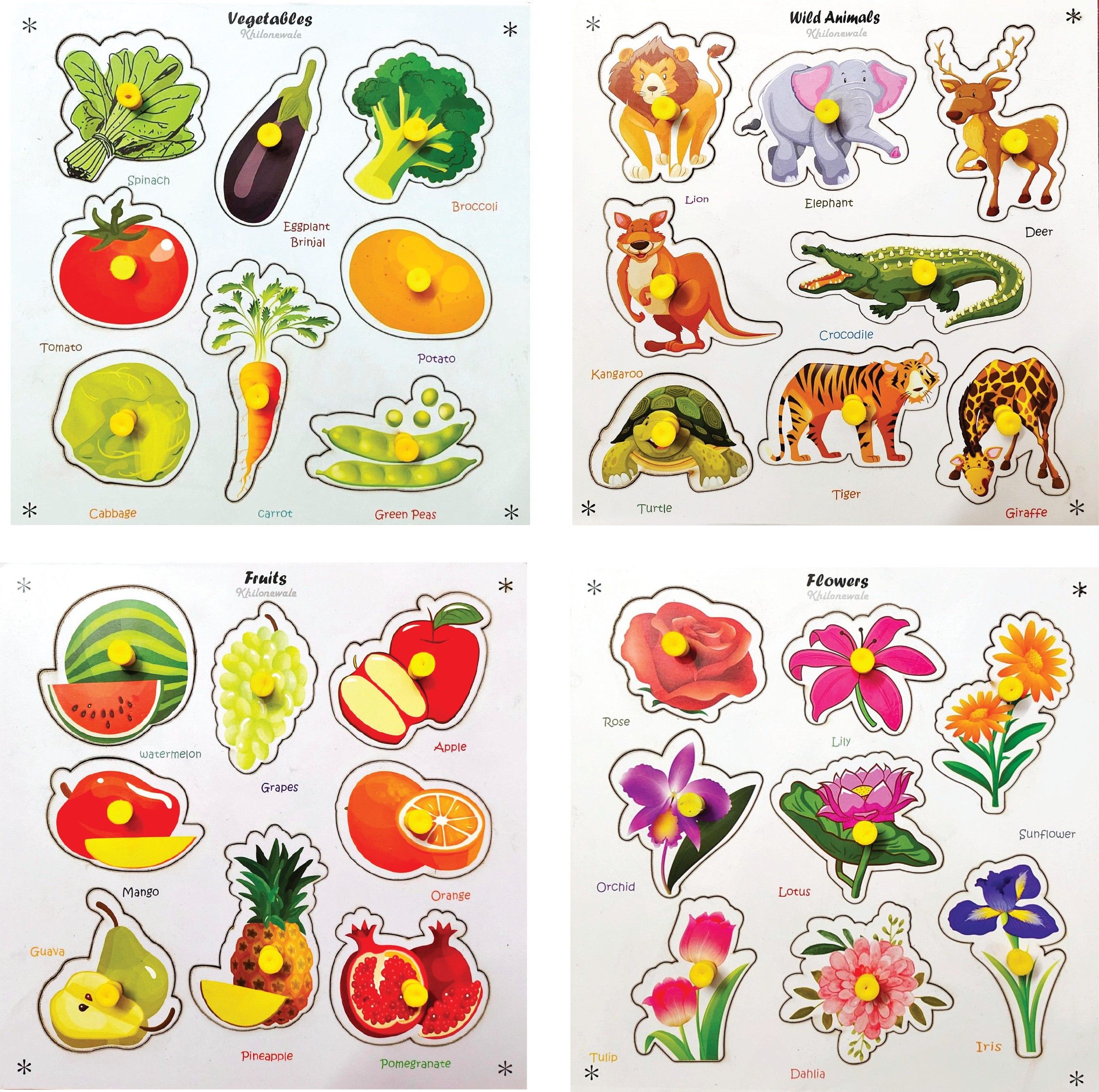 Vegetables, Animals , Fruits, Flowers Wooden Puzzle board for Kids-image-10