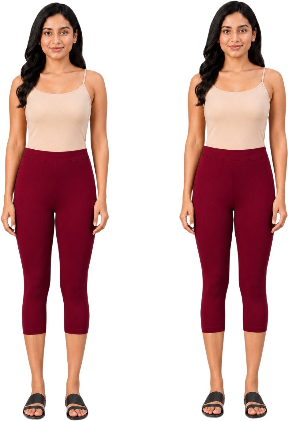 Tony Max Women Cotton Lycra Capri Leggings Pack of 2 - Wine + Wine Women Maroon Capri-image-2