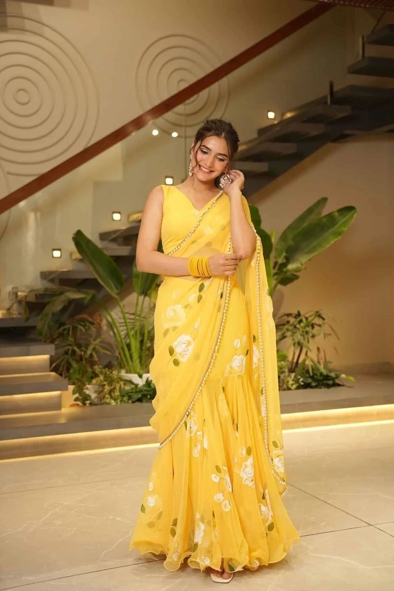 Floral Print Stitched Lehenga & Crop Top-image-9