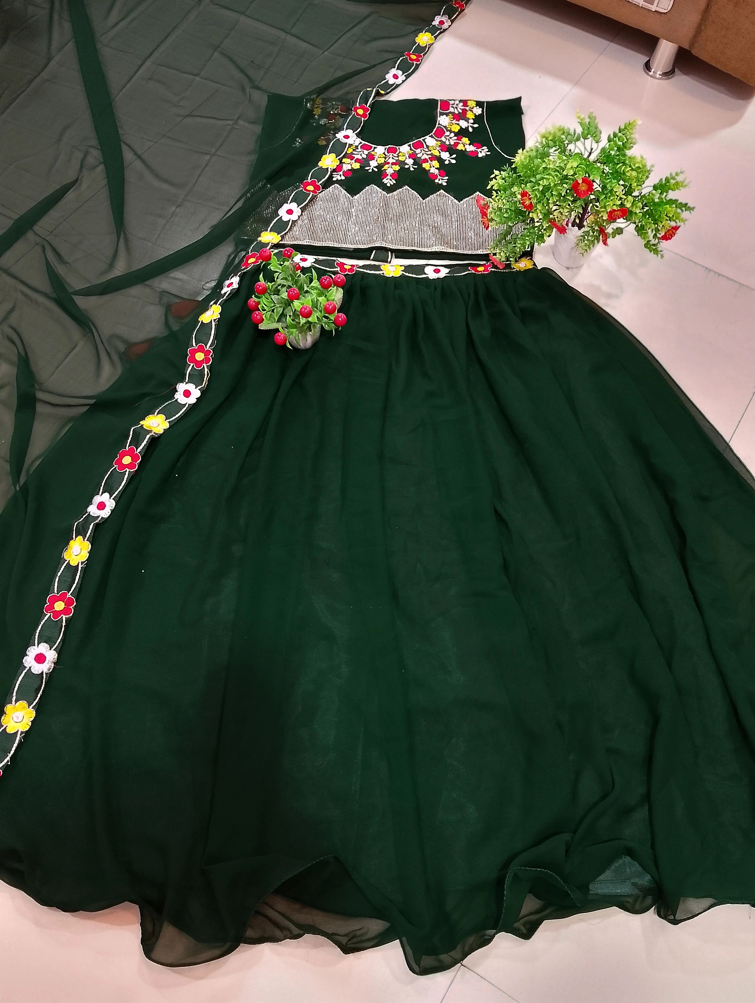 Embroidered, Embellished Semi Stitched Lehenga & Crop Top-image-6