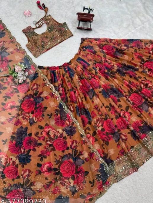 rahi Floral Print, Embellished Semi Stitched Lehenga & Crop Top-picture-0