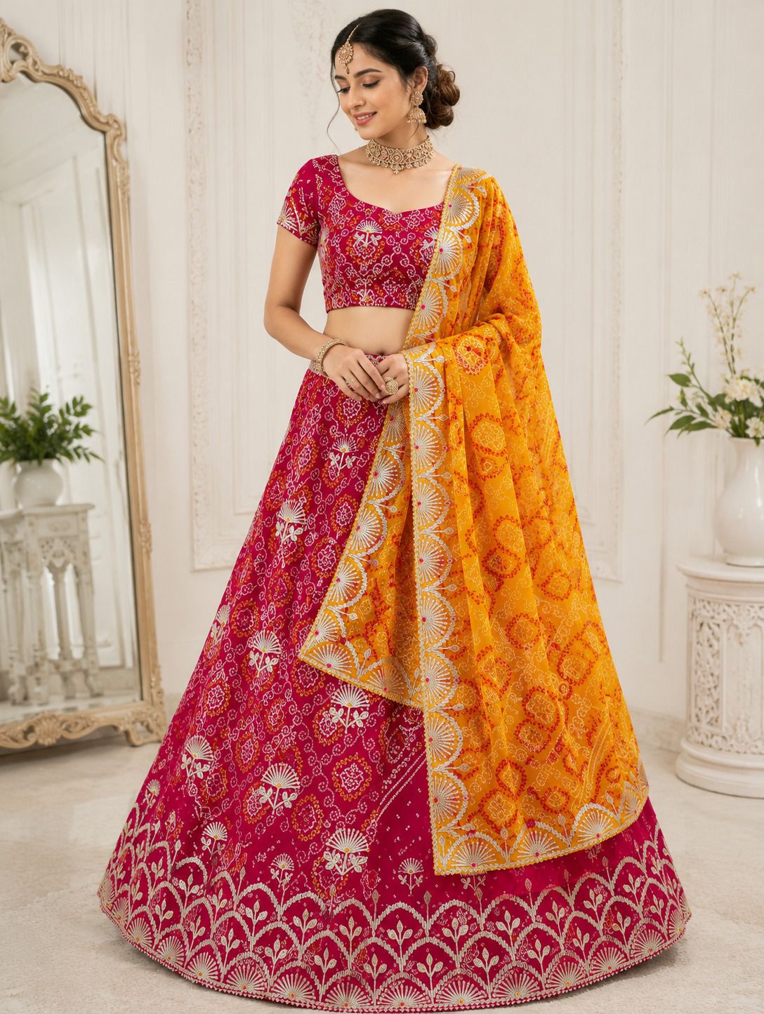 nidhi creation Bandhani Semi Stitched Lehenga & Crop Top-picture-20