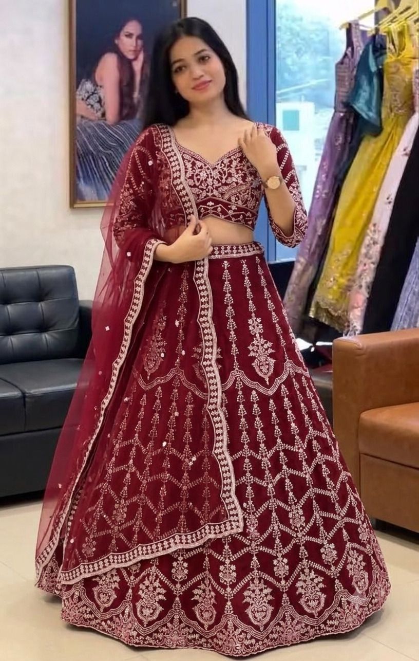 Embroidered, Embellished Semi Stitched Lehenga & Crop Top-image-3