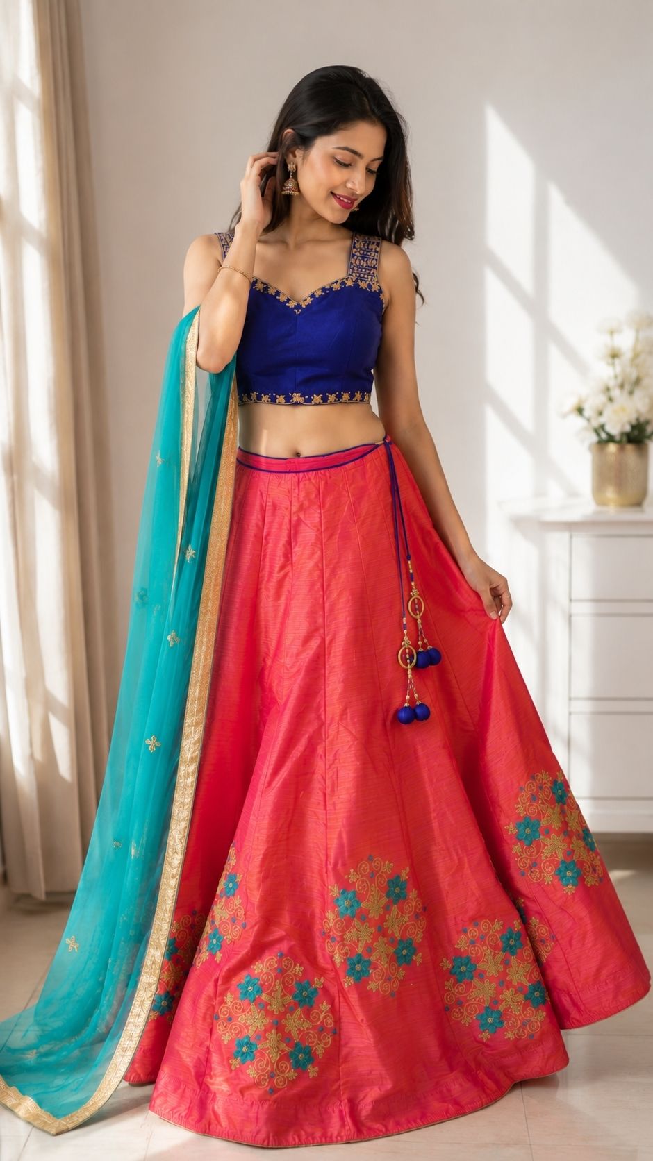Solid, Embroidered Stitched Lehenga & Crop Top-image-3