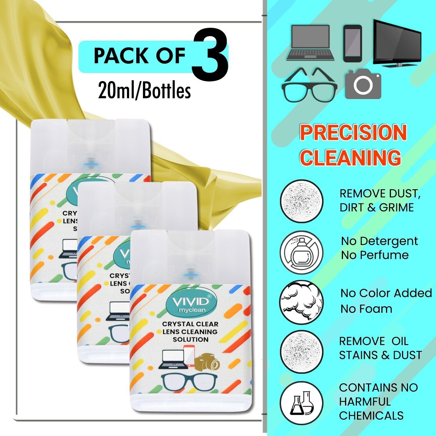 VIVID VividVisionInt® Lens Cleaning 20 ML Pack Of 3 Solution Pocket Spray contain NO Detergent NO foam For Spectacles Sunglasses Eyeglasses Mobile PC Laptop TV Nd CameraLens Cleaner-image-36