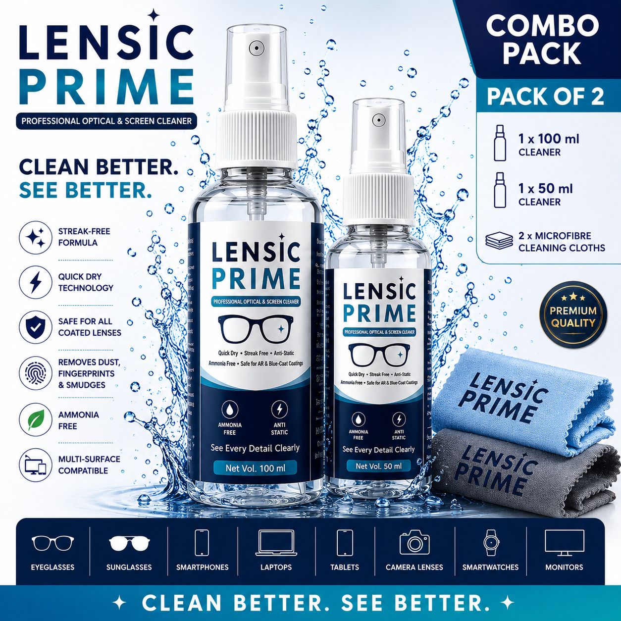 JAXZ Pack of 2 LENSIC PRIME Lens Cleaner 50ml+100ml | Free 2 Microfiber Cloths Lens Cleaner-image-4