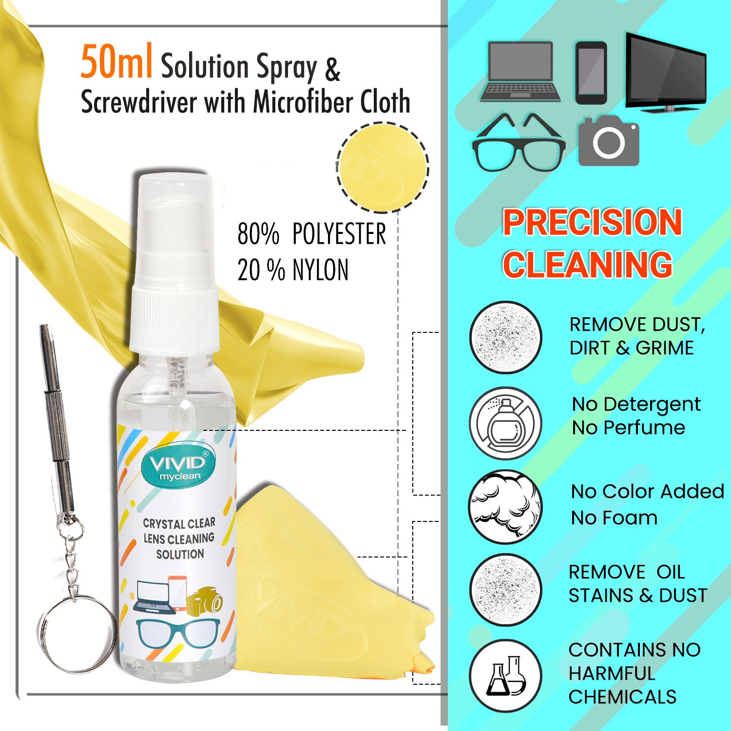 VIVID VividVision® 50ML spray-contains NO Detergent, NO foam, cleaning cloth, Screw Driver-Cleans Any Lens or Screen(Spectacles,Mobile,Laptop) Eyeglass Repair kit - Pack of 1Lens Cleaner-picture-11