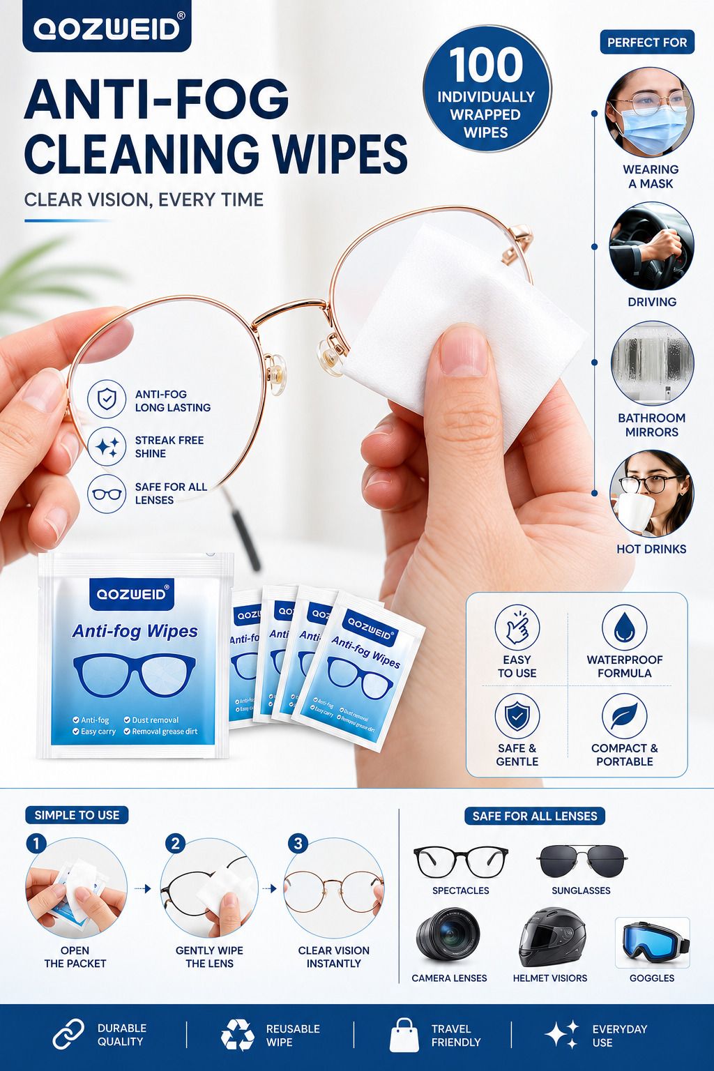 QOZWEID Anti Fog Cleaning Wipes for Glasses Sunglasses Camera Lens and Helmet Visor Lens Cleaner-image-0