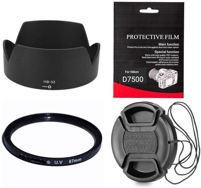 SUPERNIC Combo for Nikon D7500 (HB-32 Lens Hood + 67mm UV Filter + Lens Cap and Tempered)Lens Hood