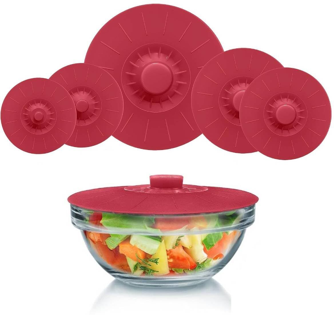 hannea Silicone Lid Set of 5 Reusable Heat Resistant Bowl and Pot Covers Red 0 inch Lid Set, Pack of 5-picture-12