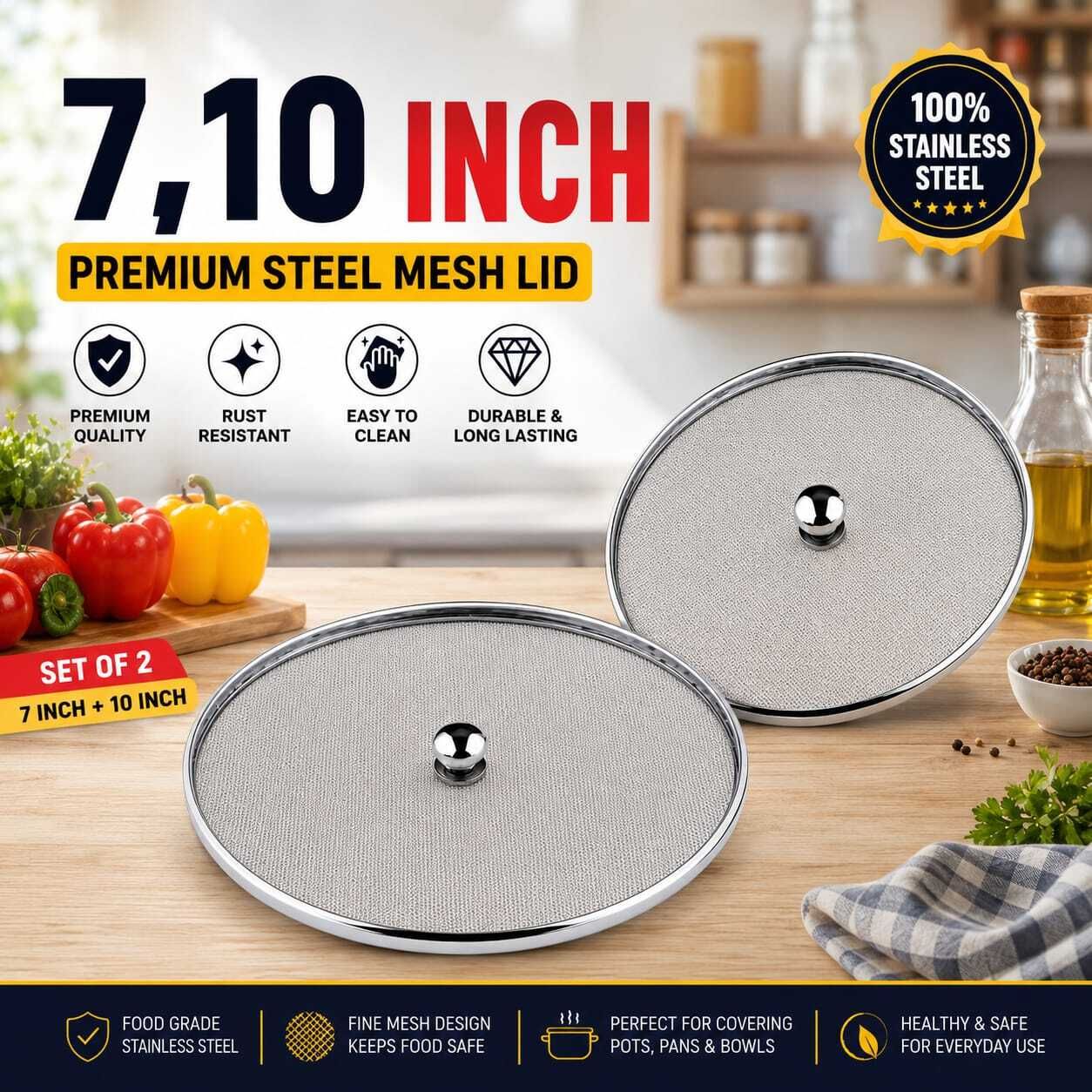 Ffront Premium Stainless Steel Mesh Lid Set (Pack of 2, 7 & 10 7 inch, 10 inch Lid Set, Pack of 2-image-21