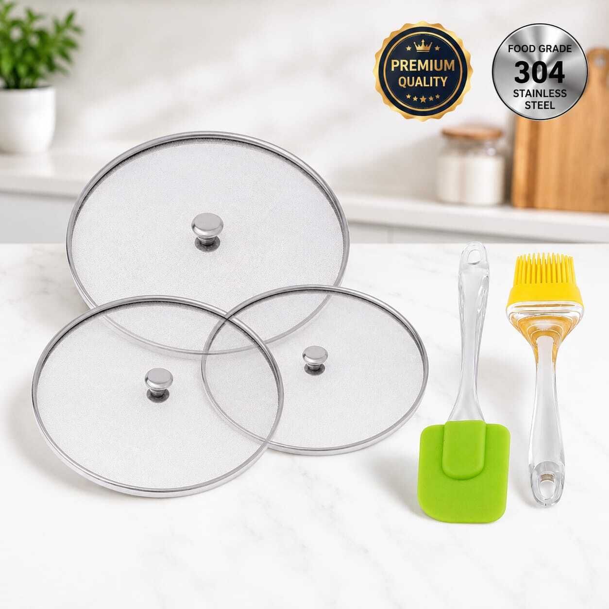 ffront Stainless Steel Mesh Net Lid Set (8, 9, 10 inch) with Spatula & Oil Brush 12 inch Lid Set, Pack of 2-picture-16