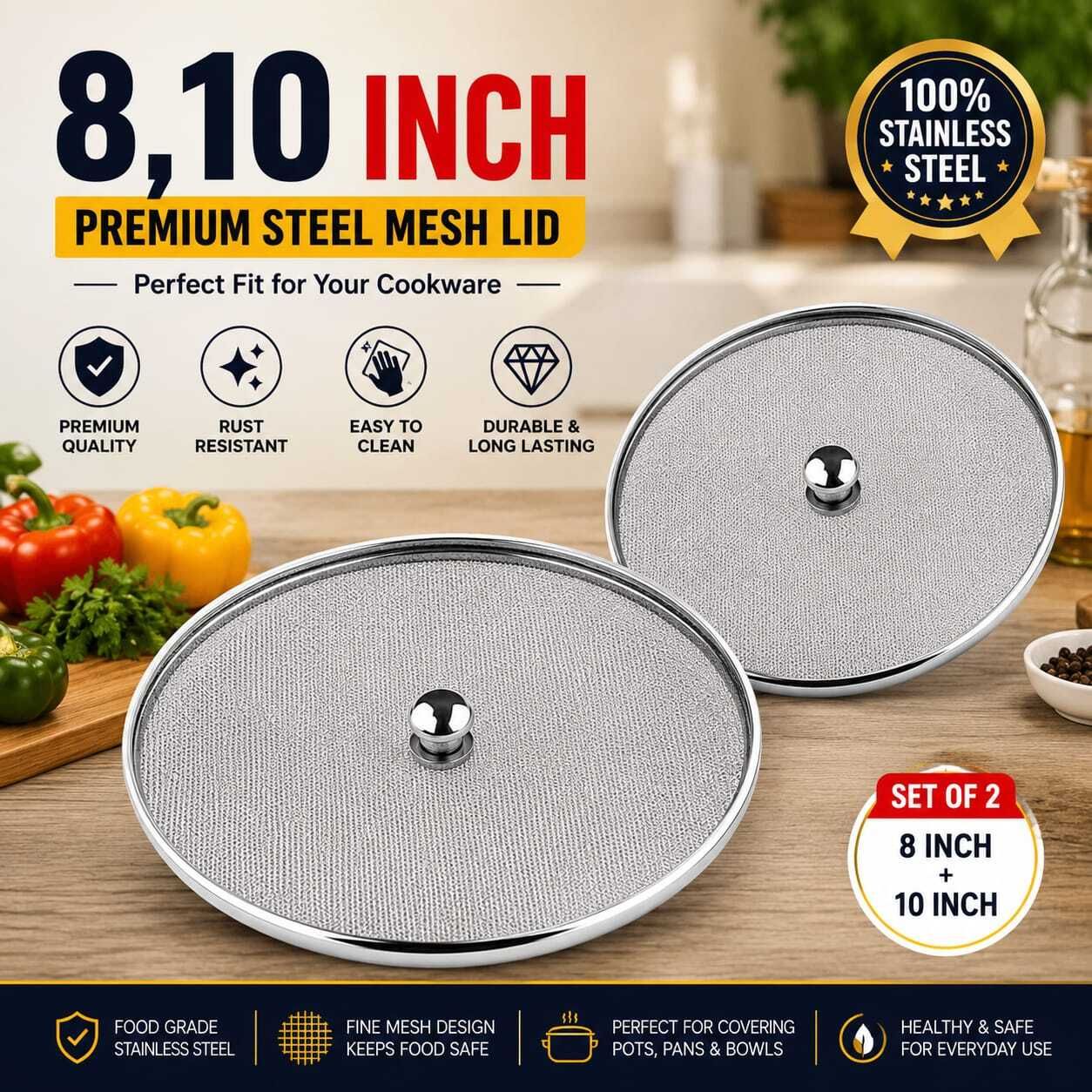 Ffront Premium Stainless Steel Mesh Lid Set (Pack of 2, 8 & 10 Inches) 8 inch, 10 inch Lid Set, Pack of 2-picture-6