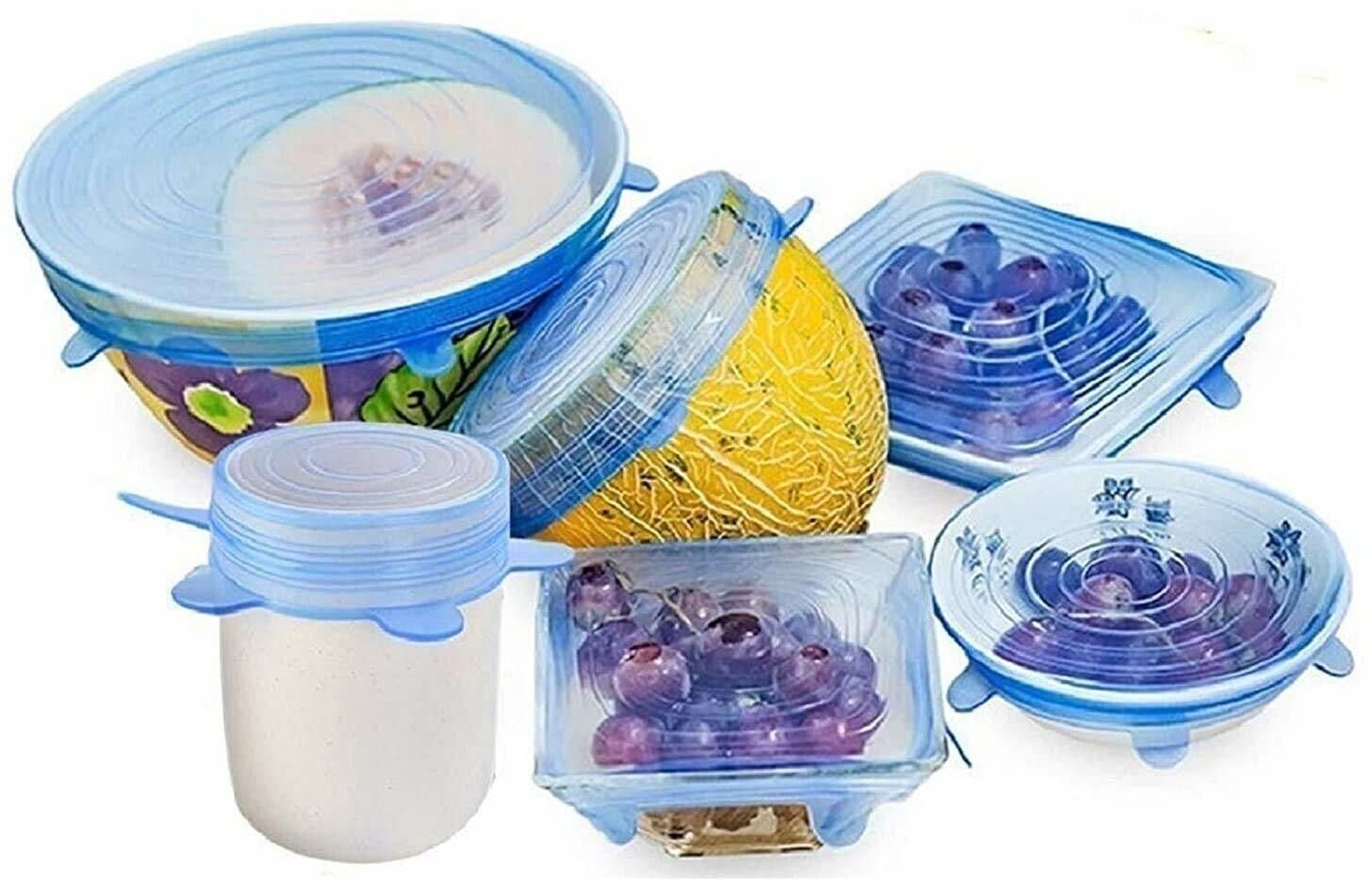 mirakia Silicone lids and cover This silicone lids are made of durable silicone provides the strong stretchable fit to the odd shape and size container. Features: the silicone storage covers come in 6 sizes so there's always one that fits. Silicone tops are round yet stretchy enough to fit snugly over odd-shaped mugs, pots, bowls, and containers. Leak-proof with an air-tight seal so foods stay fresh and tasty 6 inch Lid Set-picture-14