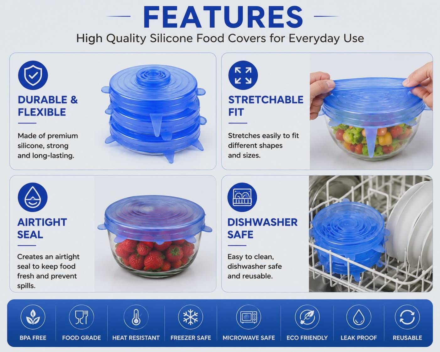 Reusable Silicone Food Covers Set of 6 | Stretchable Food Storage Lids | 21 inch, 16.5 inch, 14.5 inch, 11.5 inch, 9.5 inch, 6.5 inch Lid Set, Pack of 6-image-9