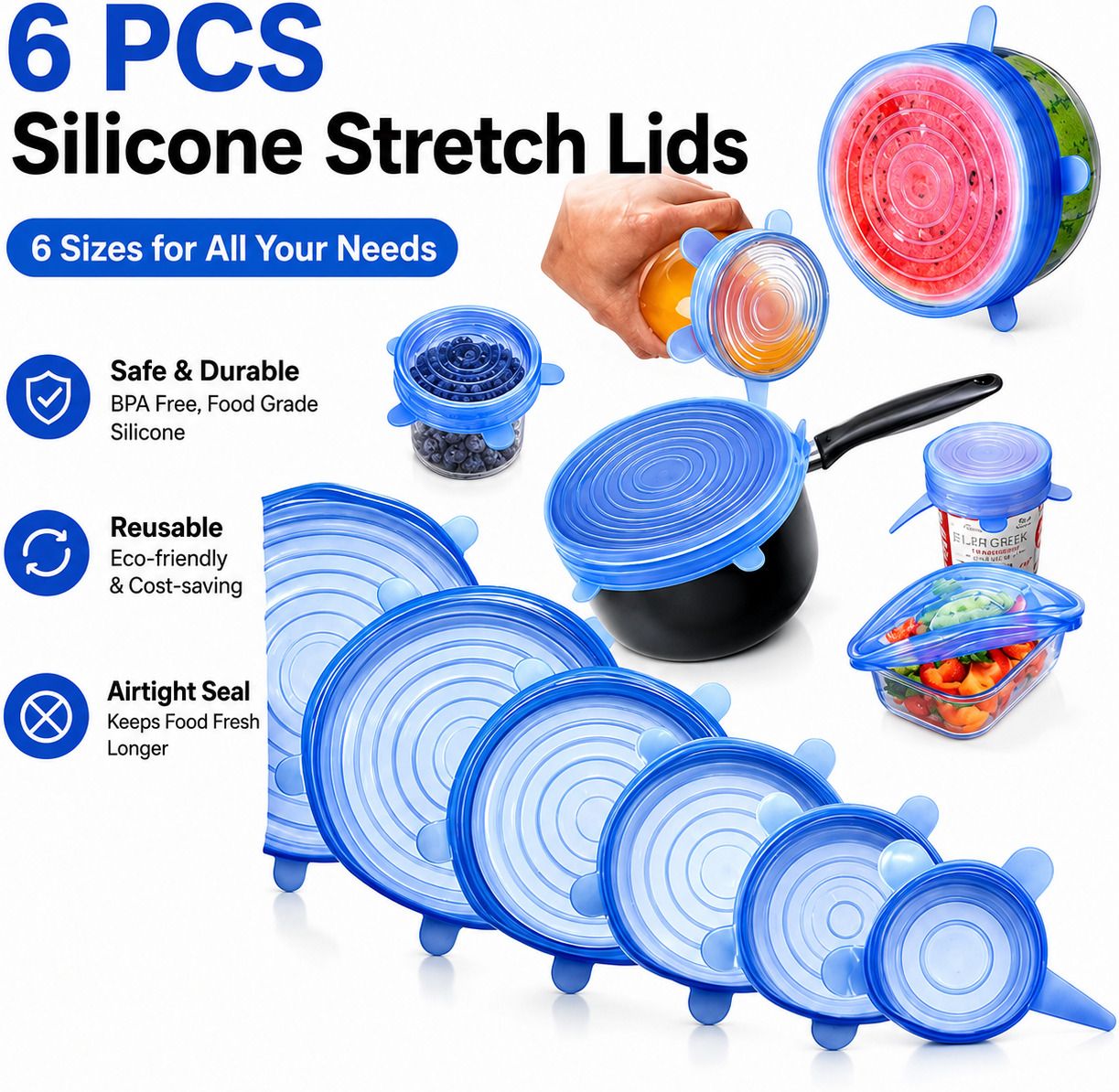 6pcs silicon lid 8.3 inch, 6.5 inch, 5.7 inch, 4.5 inch, 3.7 inch, 2.6 inch Lid Set, Pack of 1-image-0
