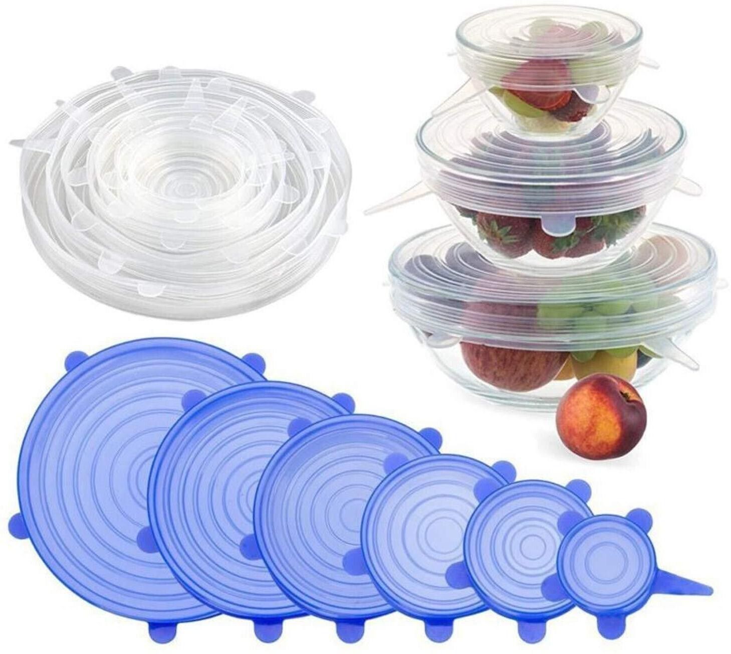6PCS Universal Silicone Stretch Lids, Durable Food Storage Covers for Bowls, Fit Different Sizes & Shapes of Container 2.6 inch, 3.8 inch, 4.5 inch, 5.7 inch, 6.5 inch, 8.3 inch Lid Set