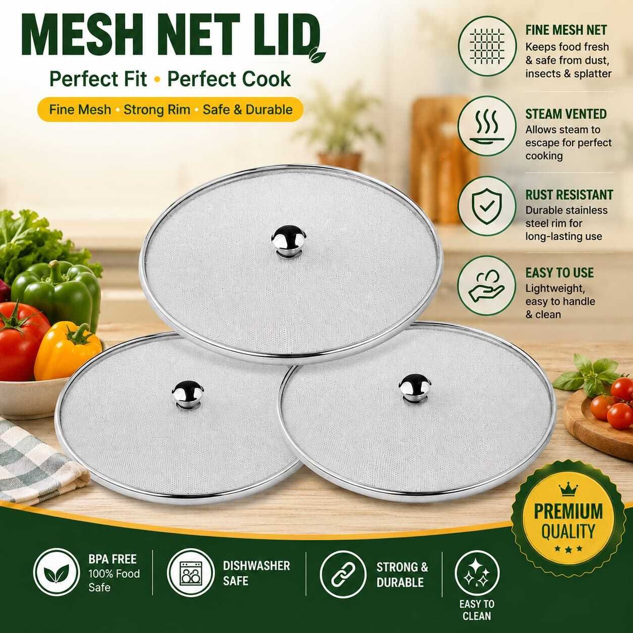 Stainless Steel Mesh Net Lid Set{Pack of 3 pcs} 8,9,10 inch 8 inch, 9 inch, 10 inch Lid Set, Pack of 3-image-49