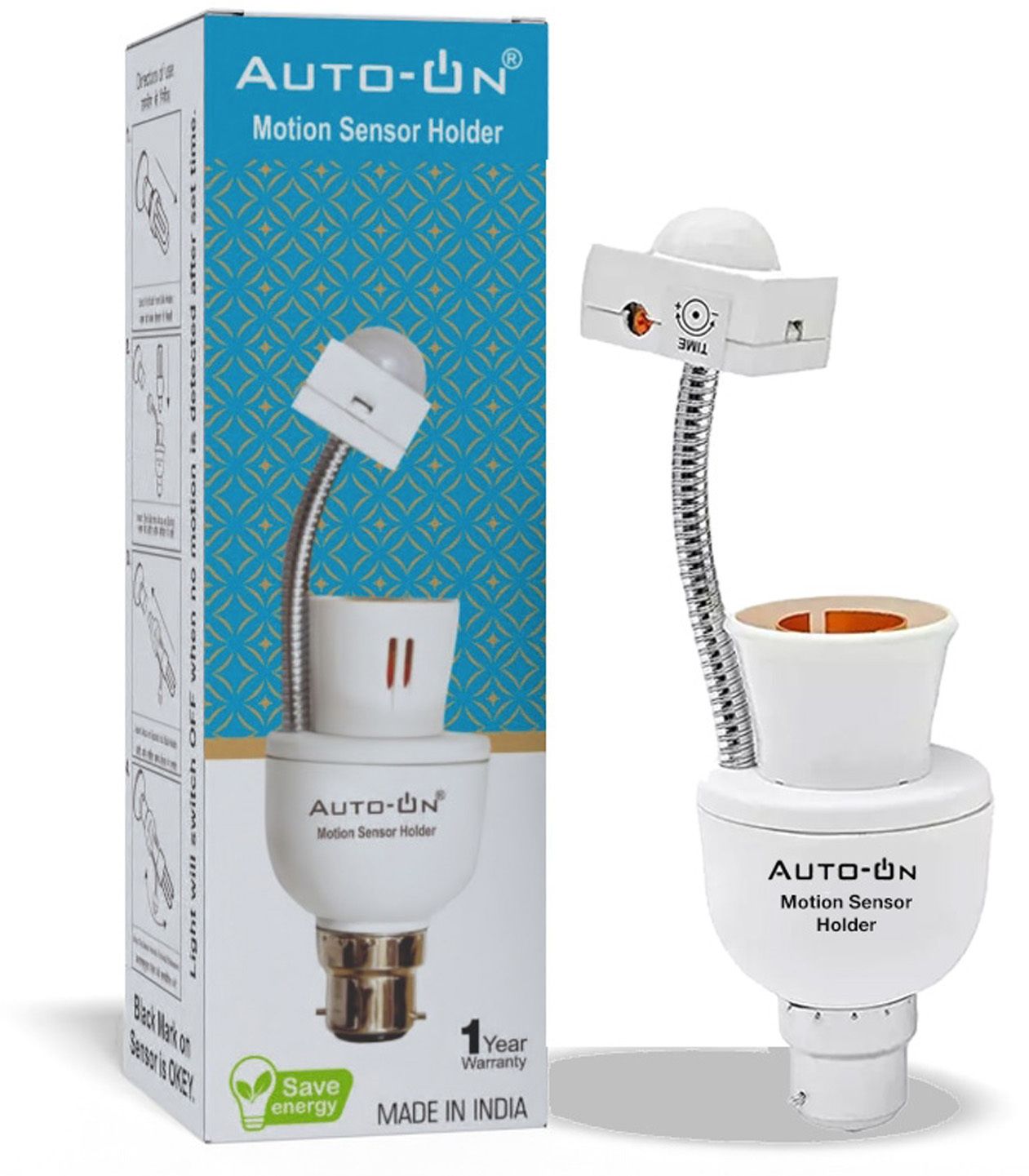 auto-on Motion Light Fixture Holder ( Convert Any bulb to Automatic ) Energy Saver Wired Sensor Security System
