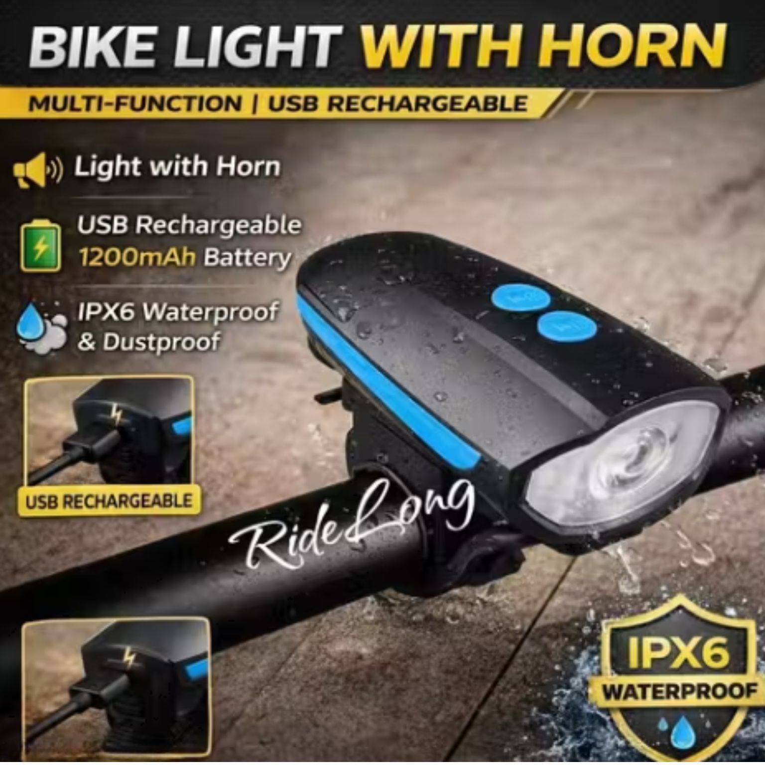USB Rechargeable Bicycle LED Light With Bell LED Front Light-image-27