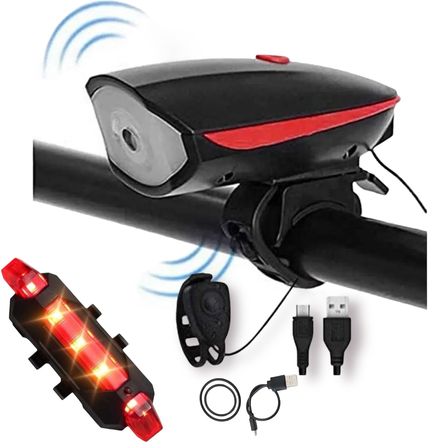 USB Rechargeable & Waterproof Cycle Light with Horn & Tail Light Combo LED Front Rear Light Combo-image-13
