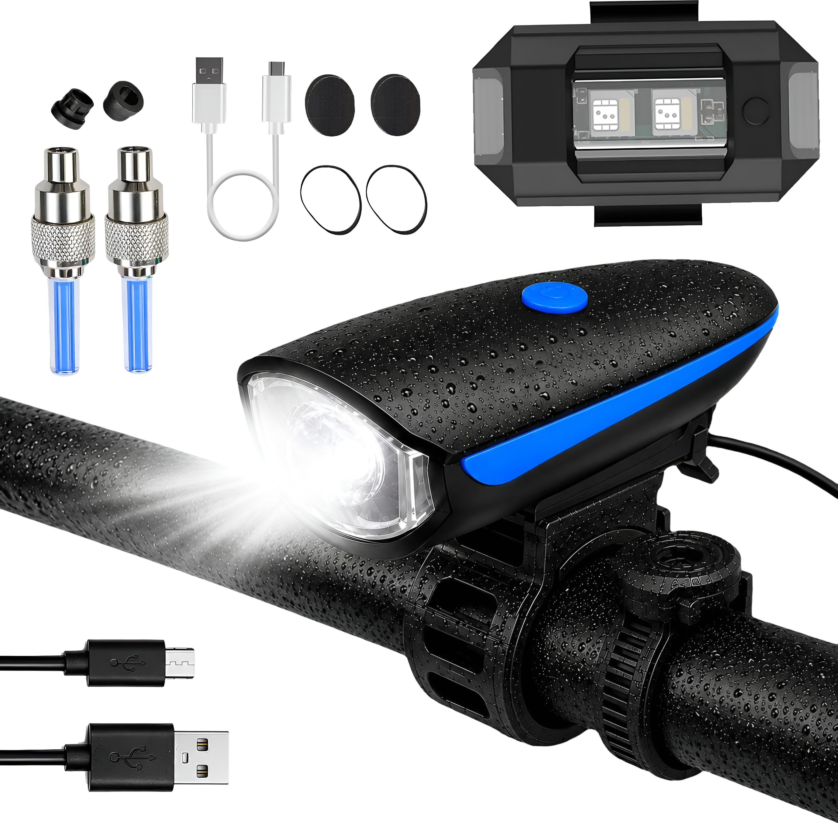 razaiq Waterproof Cycle Light Kit with Front LED & LED Valve Safety Lights LED Front Rear Light Combo-picture-1