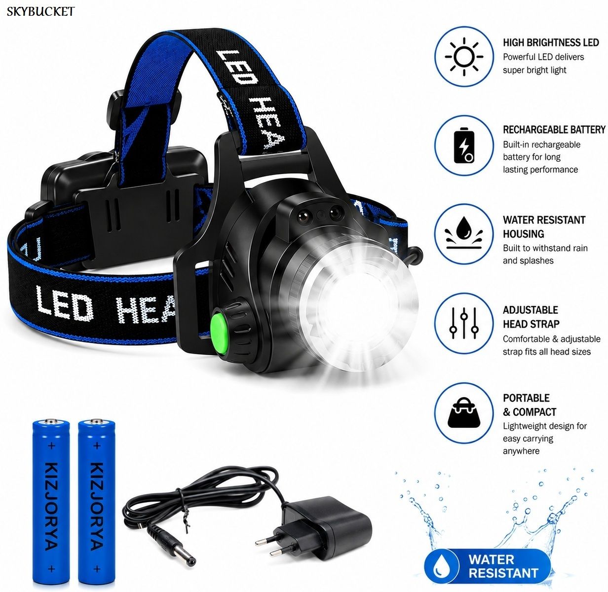 skybucket LED Headlamp Rechargeable Head Flashlight for Camping Hiking Fishing Torch LED Headlamp-picture-36
