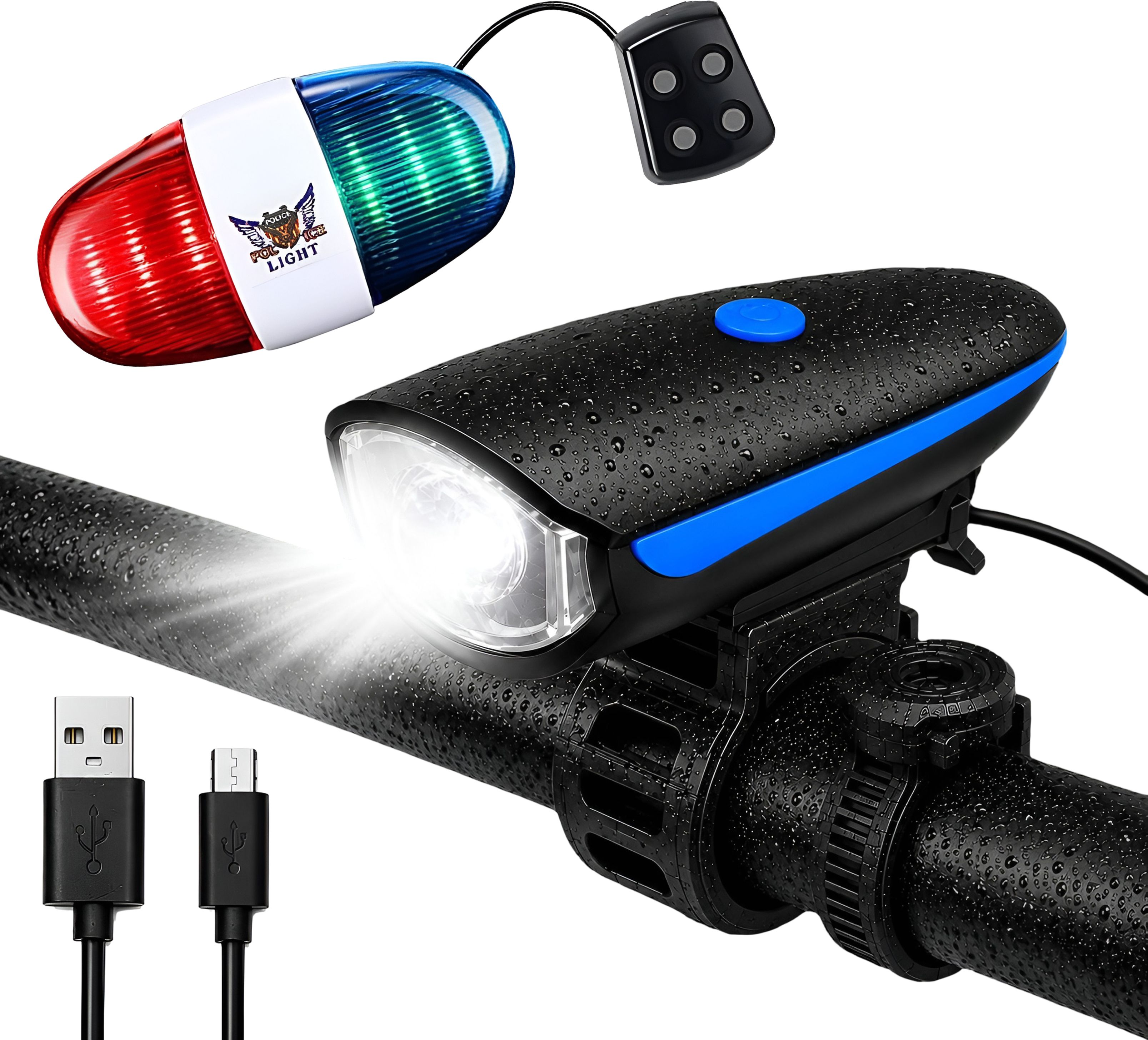 razaiq Rechargeable Bicycle LED Front Light with Police Flash & 4 Sound Horn Bell LED Front Rear Light Combo-picture-20