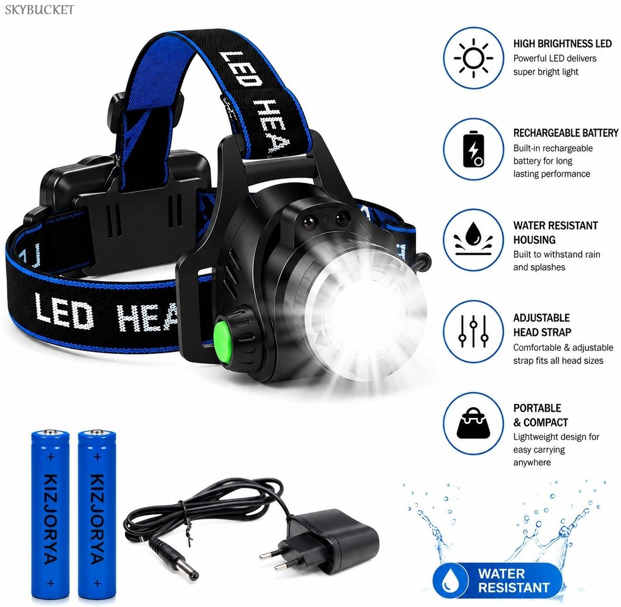 skybucket Rechargeable Head Torch LED Headlamp Water Resistant for Cycling Running LED Headlamp-picture-23