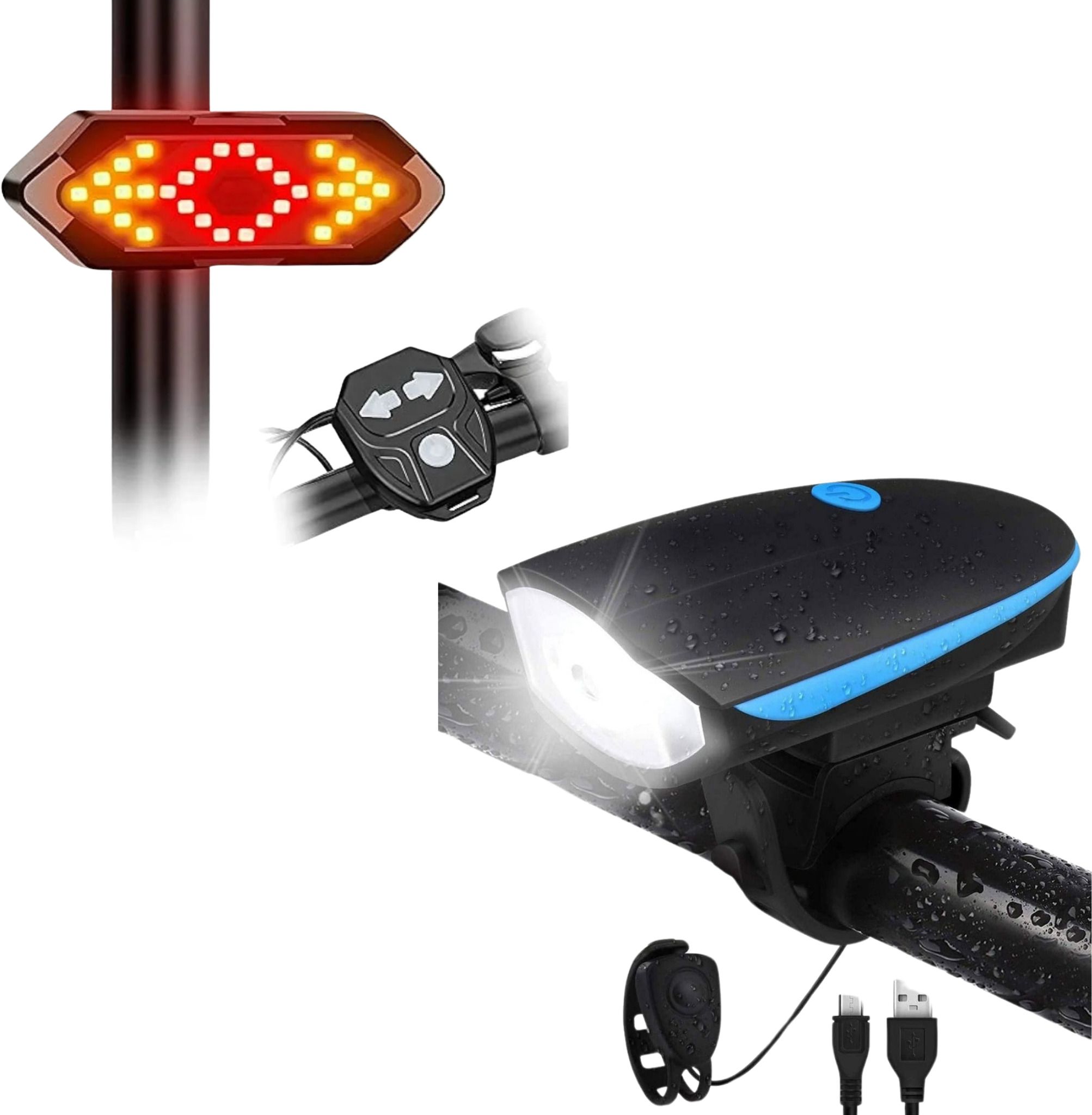Rechargeable Cycle Light Set with Horn & Rear Tail Ligh LED Front Rear Light Combo-image-44