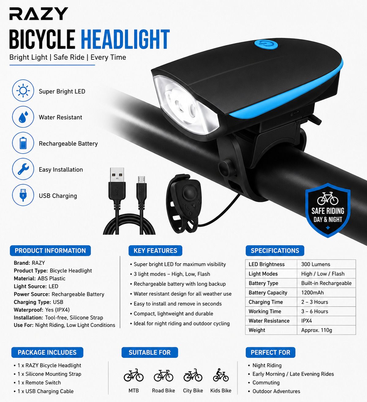 USB Rechargeable Bicycle LED Headlight with Remote Switch LED Front Light-image-17