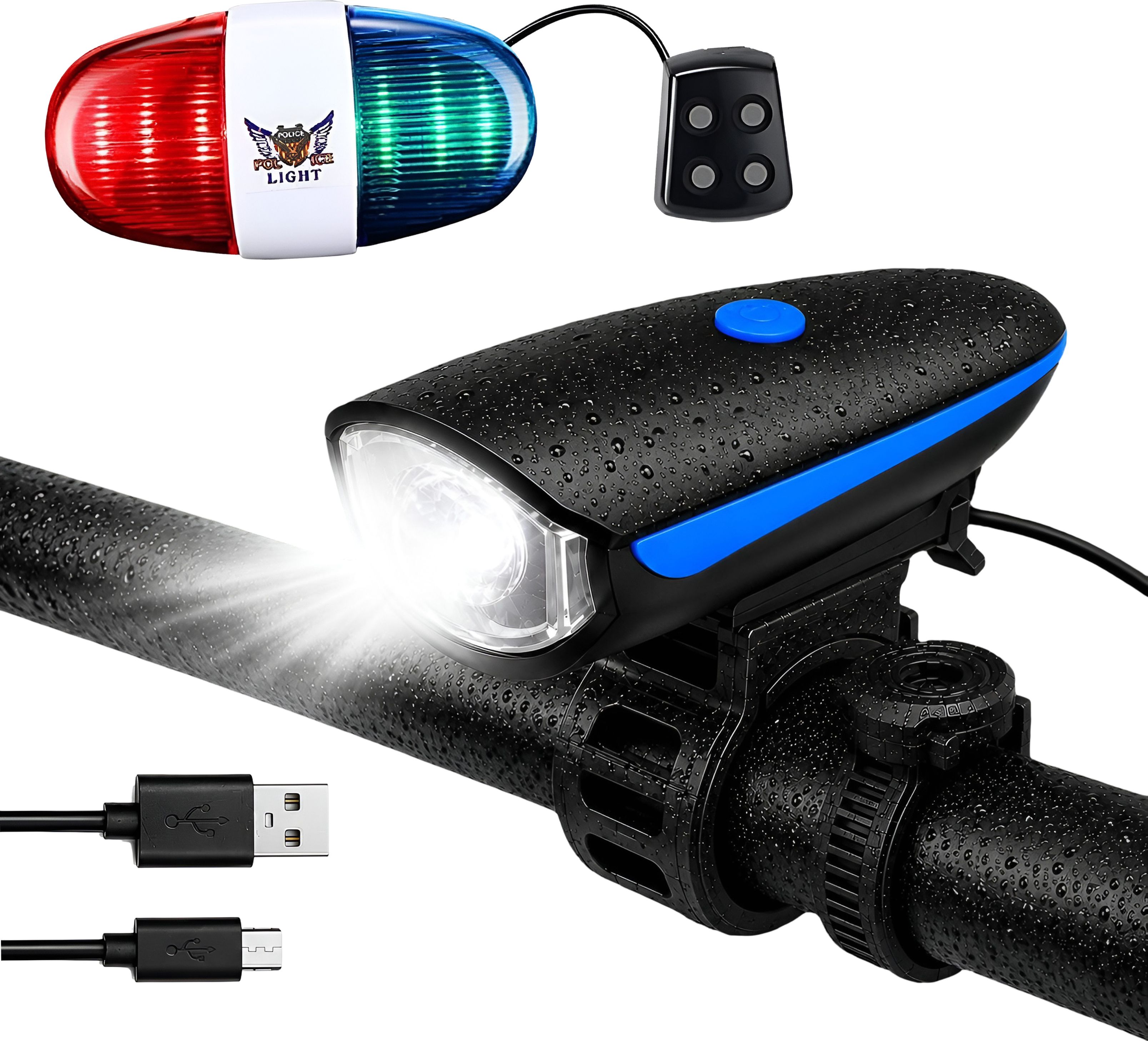 razaiq Rechargeable Cycle Safety Light with Police LED & Electric Trumpet Horn LED Front Rear Light Combo-picture-42