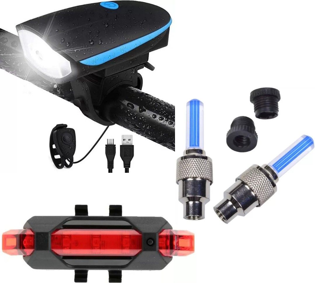 Rechargeable Cycle Horn with Light with Rechargeable tail light and Tyre Light LED Front Rear Light Combo