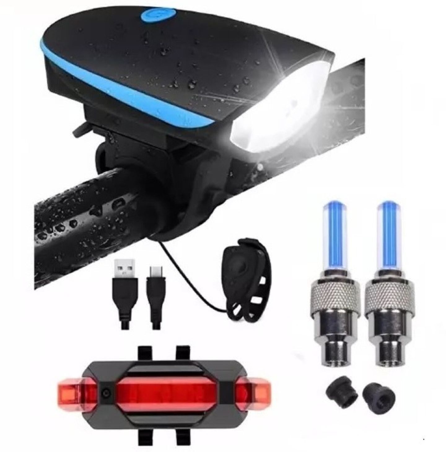 USB Cycle Light Front with Horn, Rear/Tail Light, Tyre Valve Light (Combo of 4) LED Front Rear Light Combo-image-45