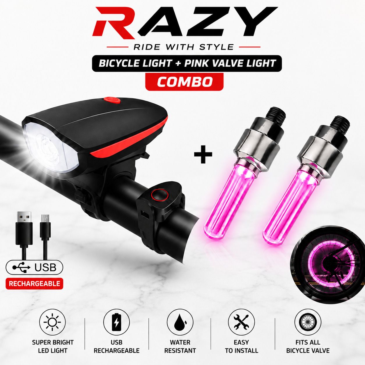Bicycle Front Light + Pink LED Valve Light Combo Pack LED Front Rear Light Combo-image-8