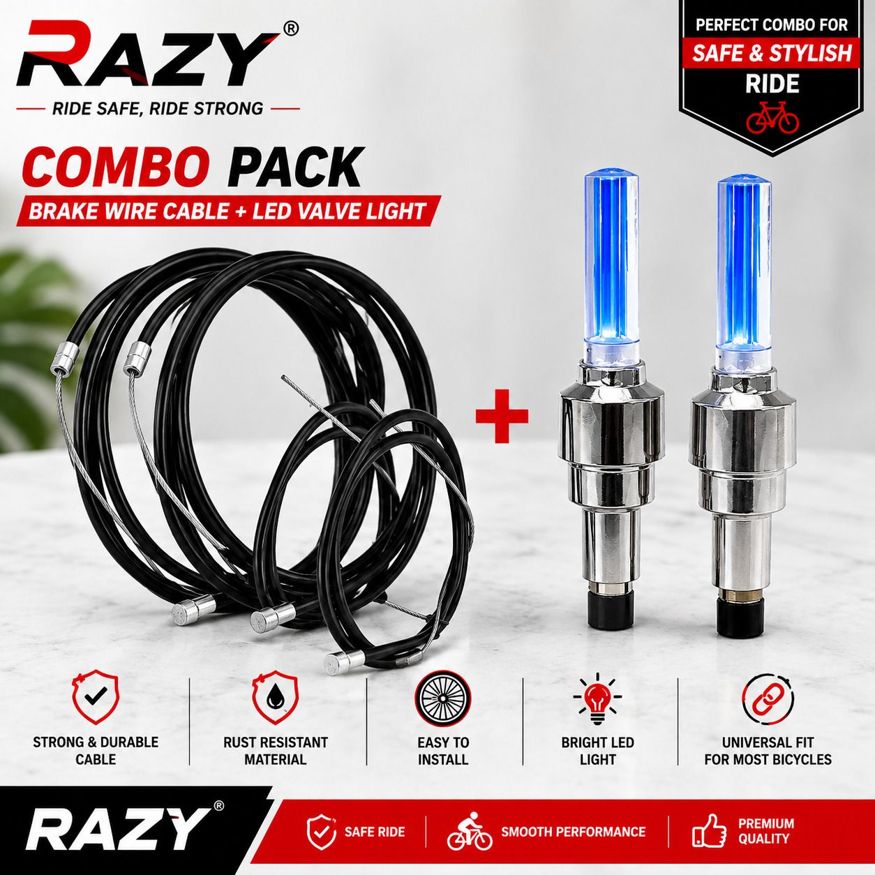 razy Bicycle Brake Wire Cable & LED Valve Light Combo Pack LED Front Light-picture-17