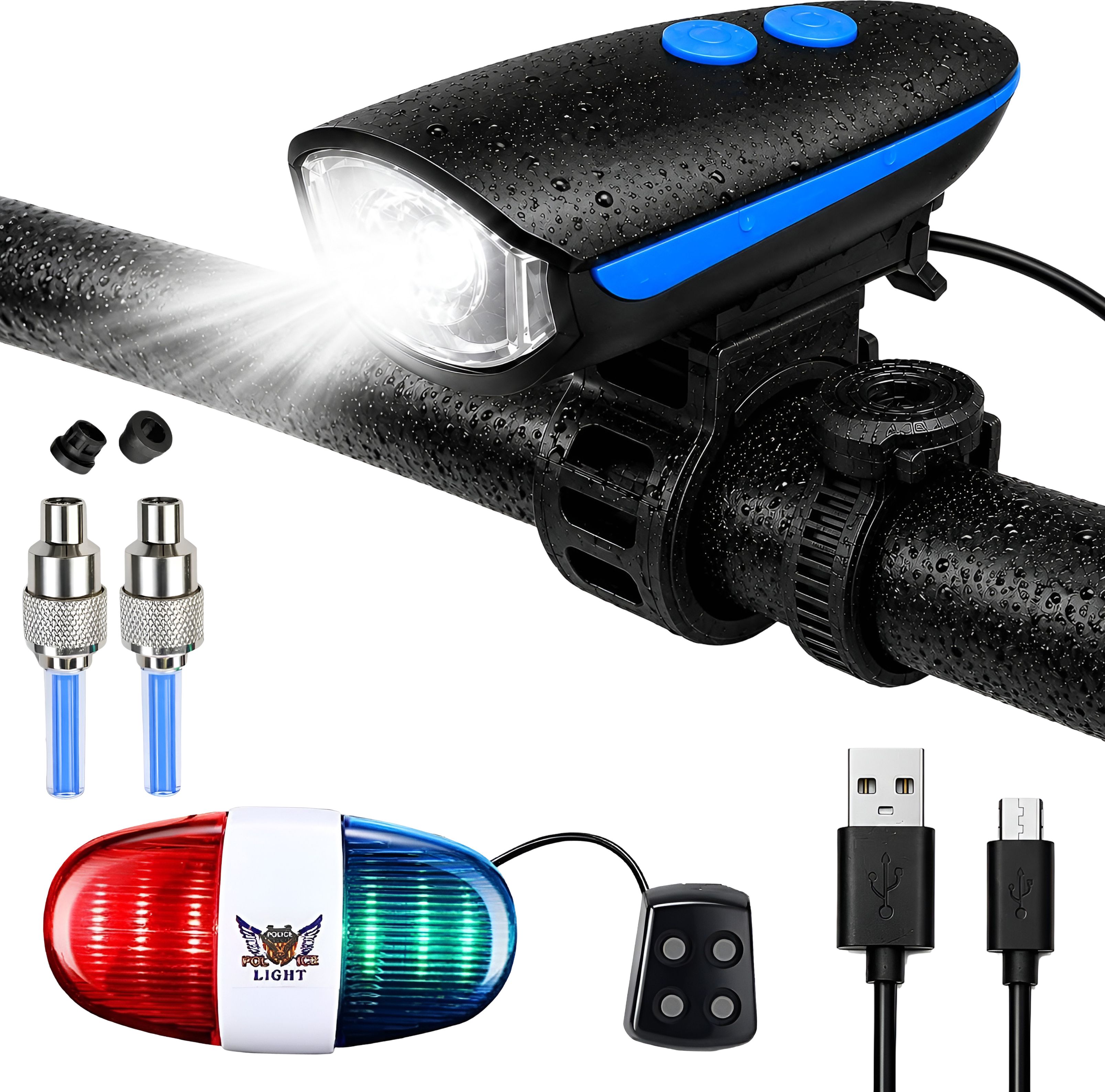 razaiq Cycle Light Kit with LED Headlight Horn & LED Valve Wheel Lights Waterproof LED Front Rear Light Combo-picture-21
