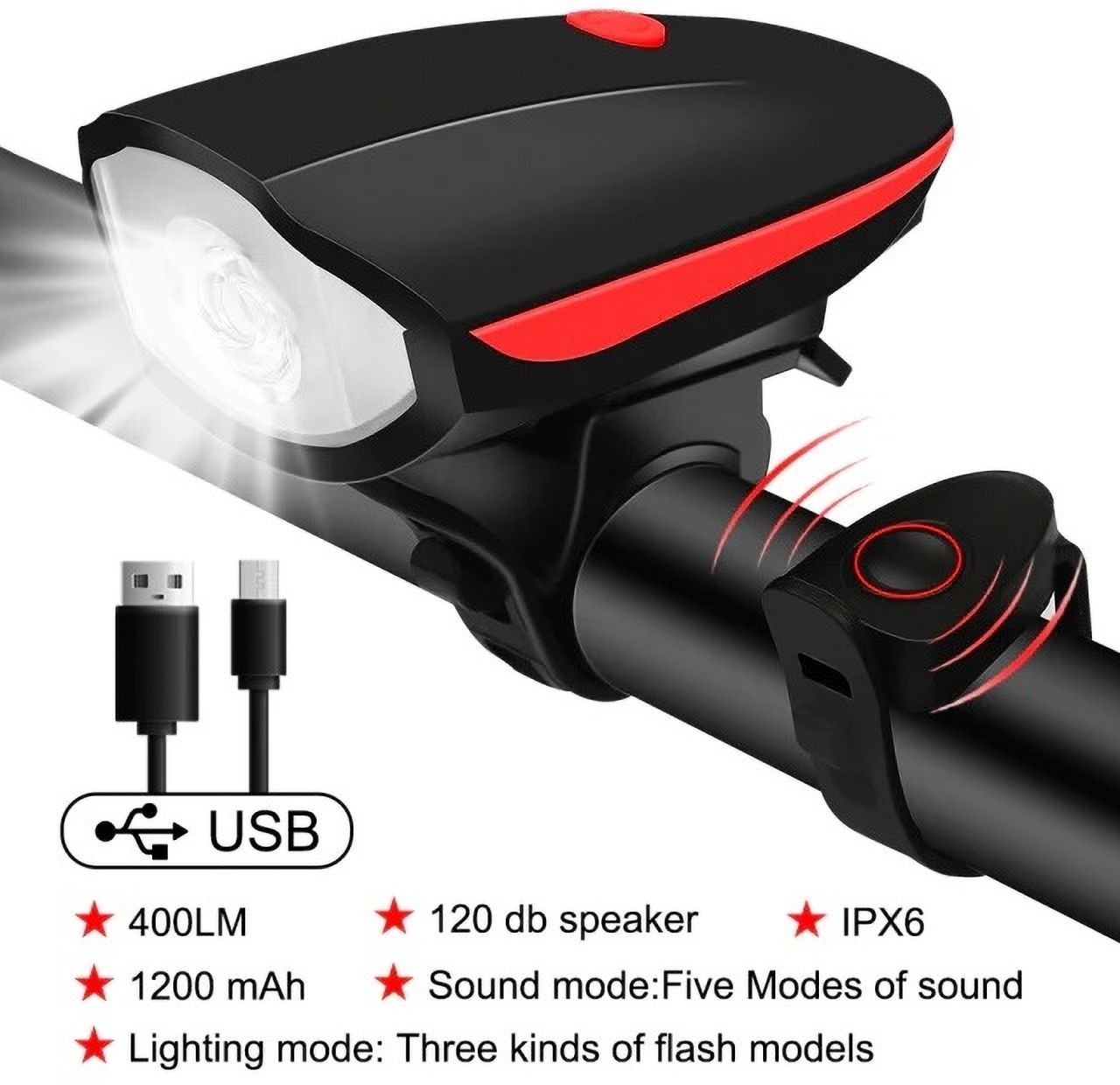 Rechargeable Bike Horn And Light 140 DB with Super Bright Light 3 Mode Bell LED Front Light