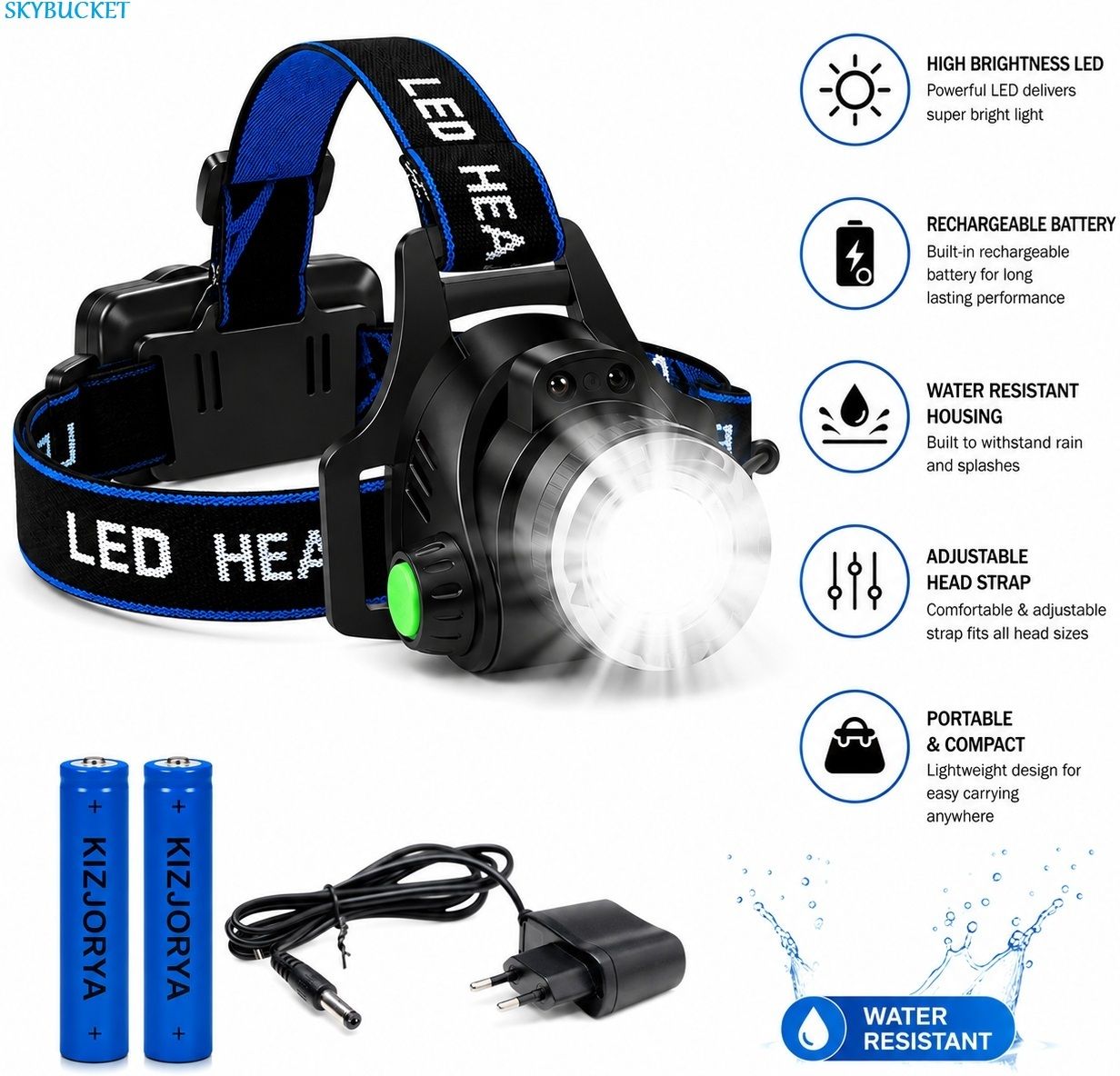 skybucket LED Head Torch Rechargeable Water Resistant Headlamp for Outdoor Adventure LED Headlamp-picture-40