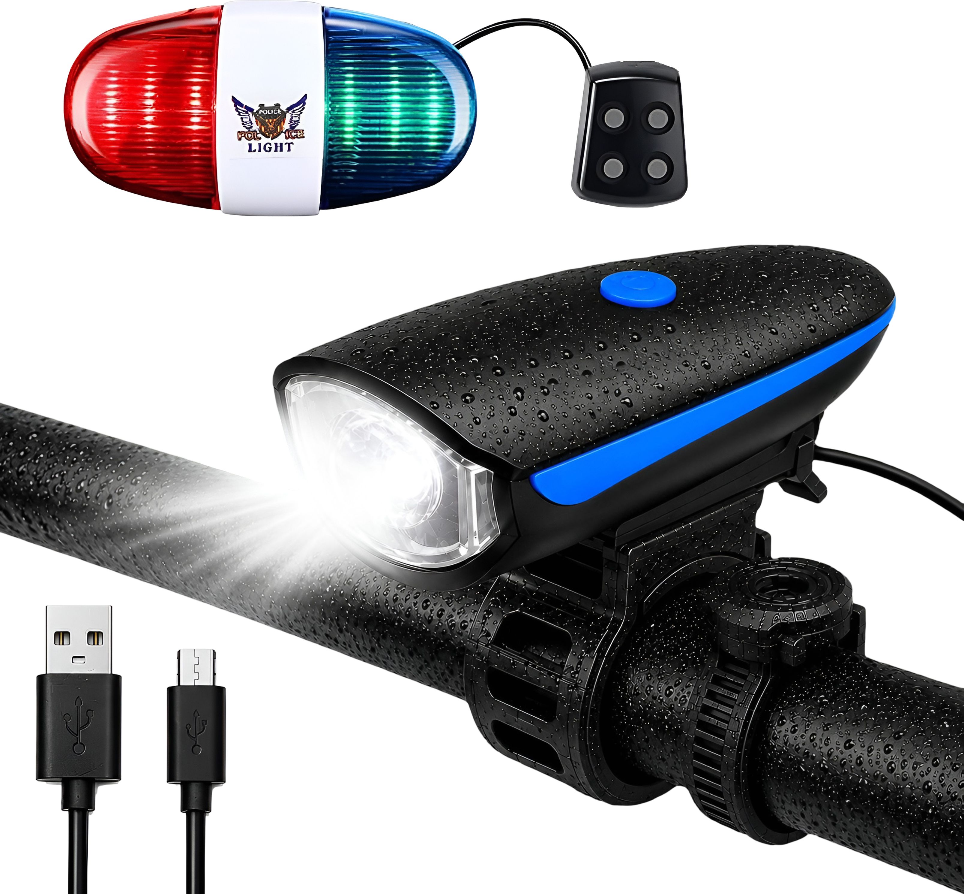 razaiq Waterproof Cycle LED Front Light with Police Siren Horn Rechargeable Safety Lamp LED Front Rear Light Combo-picture-4