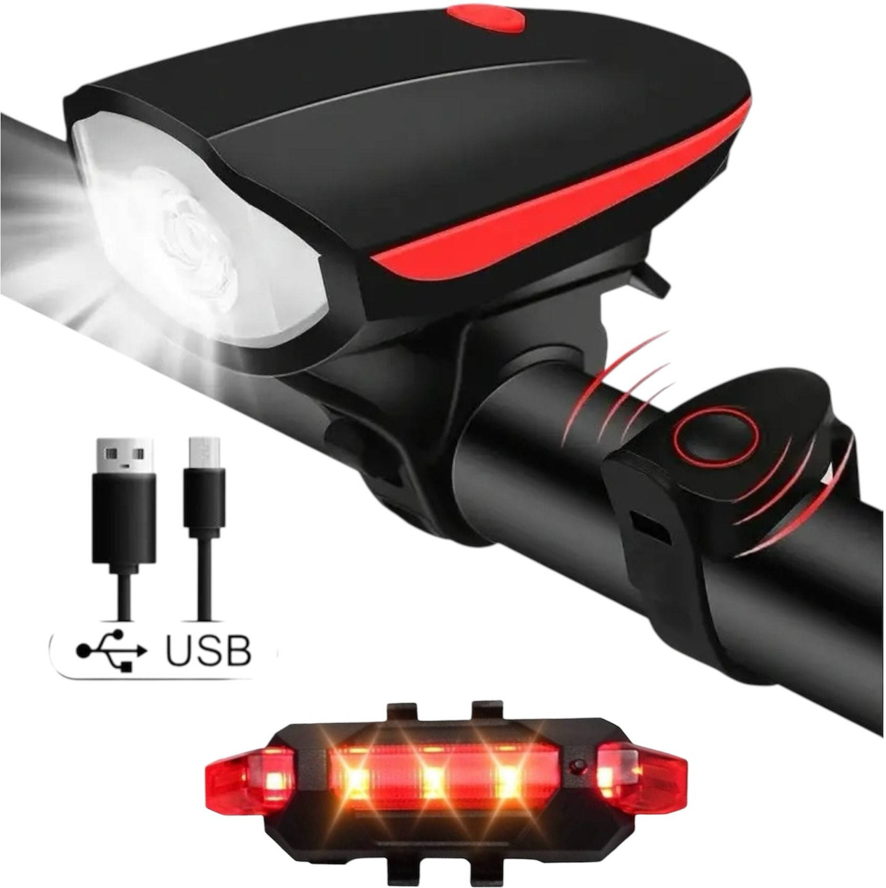 USB Rechargeable & Waterproof Bicycle Light & Horn with Tail Light Combo LED Front Rear Light Combo-image-21